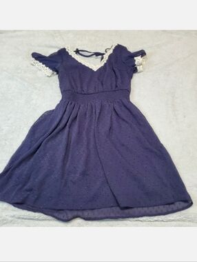 Doe Rae Blue‎ Swiss Dot Romantic Lace Cottagecore Flowy Boho Party Mini Dress M